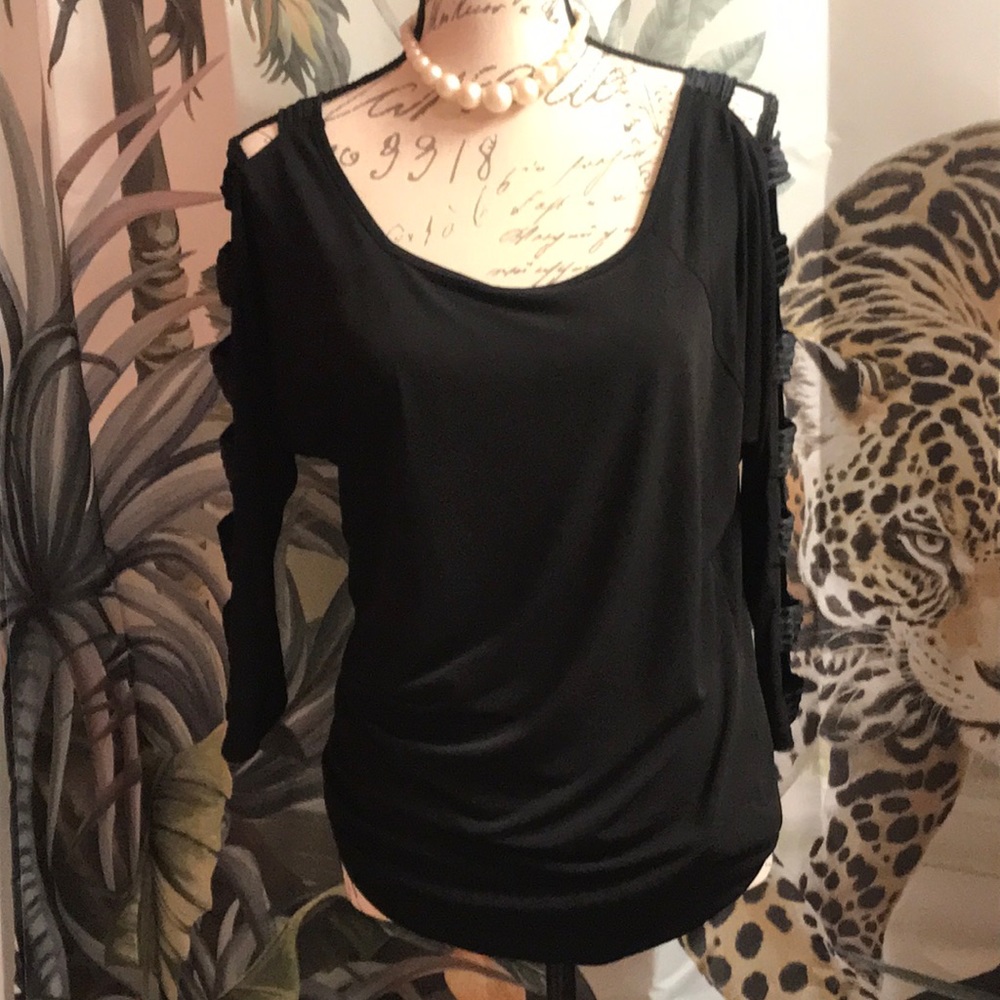 CORVIA COLD SHOULDER SEXY BLACK TUNIC WITH PEEK-A-BOO SLEEVES SIZE M